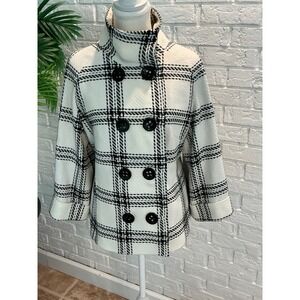 Express Design Studio Pea Coat Women 10 White Black Plaid Excellent Funnel Neck